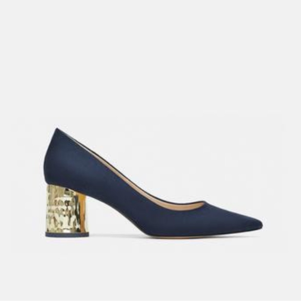 Zara Navy Suede Heels with Gold Block Heel